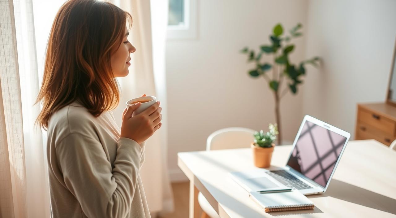 Mulher madura adotando hábitos saudáveis pela manhã